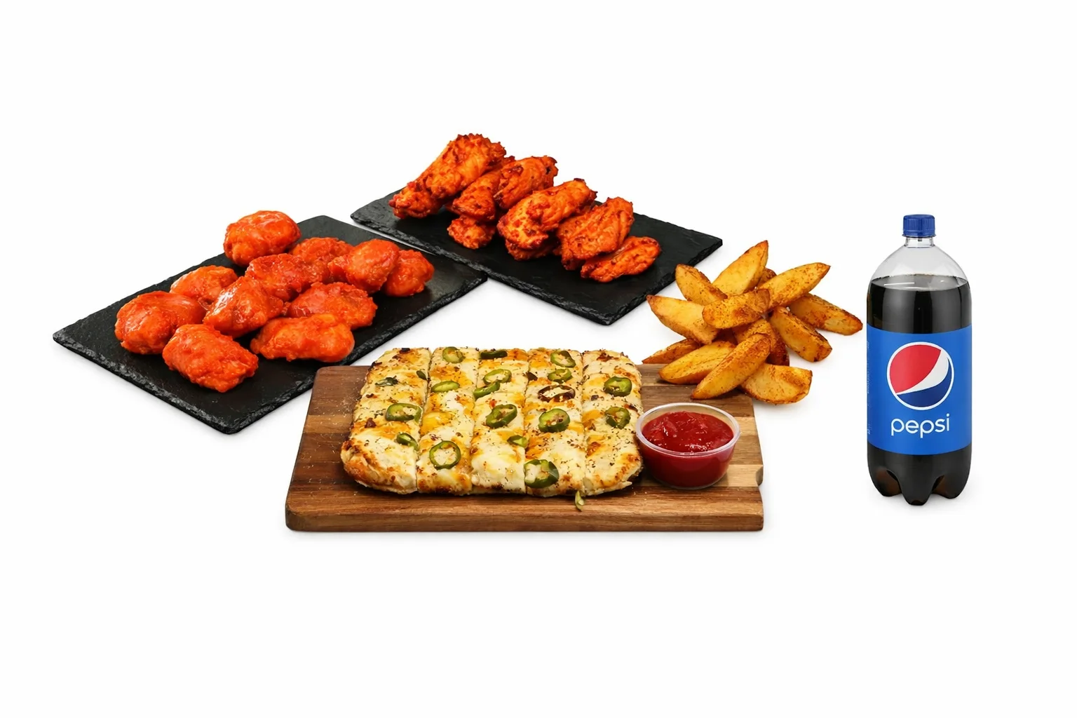 Wings Deal - 20 Wings, 2L Pop, Small Cheese Sticks, Potato Wedges