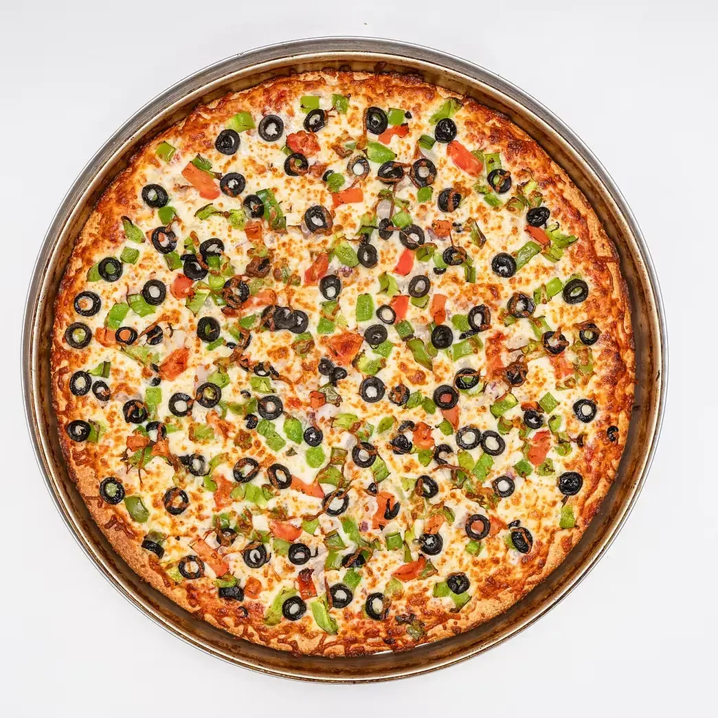 Garden Fresh Pizza at Pizza 64 Winnipeg - Vegetarian pizza with mushrooms, olives, tomatoes and peppers